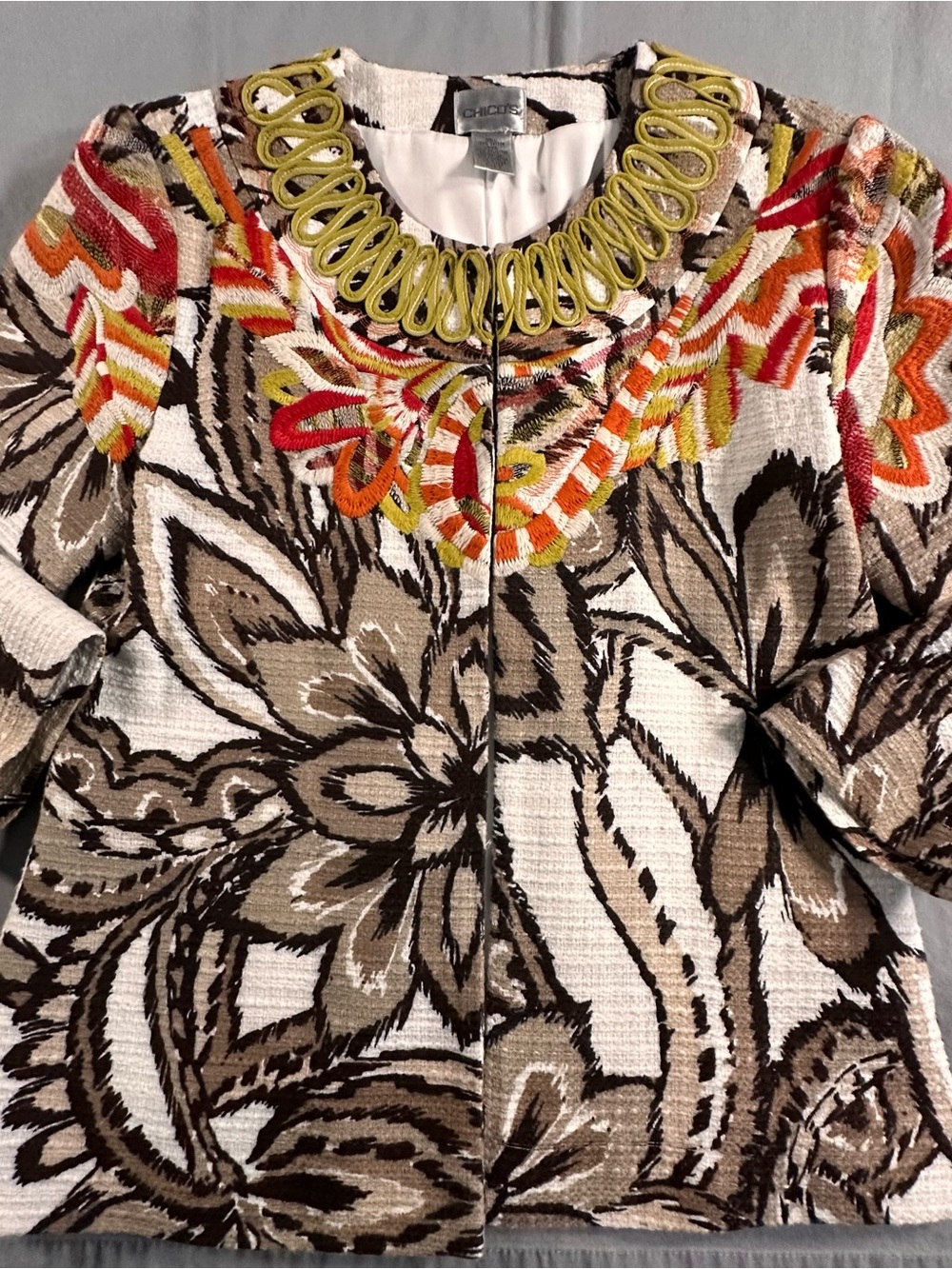 Chico's Multicolor Embroidered Floral Jacket - Brown, White, Orange, Red, Yellow
